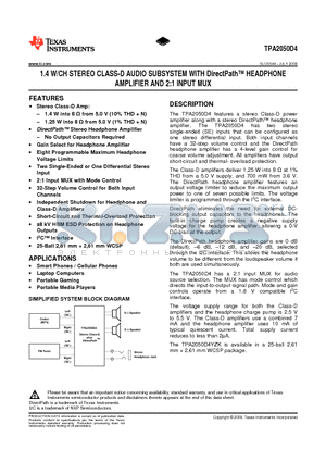 TPA2050D4YZKT datasheet - 1.4 W/CH STEREO CLASS-D AUDIO SUBSYSTEM WITH DirectPath HEADPHONE AMPLIFIER AND 2:1 INPUT MUX