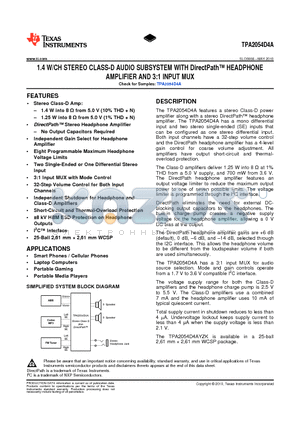 TPA2054D4AYZKT datasheet - 1.4 W/CH STEREO CLASS-D AUDIO SUBSYSTEM WITH DirectPath HEADPHONE AMPLIFIER AND 3:1 INPUT MUX