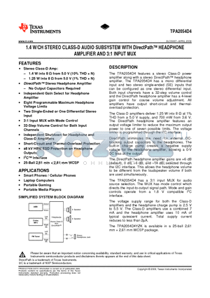 TPA2054D4YZKR datasheet - 1.4 W/CH STEREO CLASS-D AUDIO SUBSYSTEM WITH DirectPath HEADPHONE AMPLIFIER AND 3:1 INPUT MUX