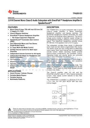 TPA2051D3YFFR datasheet - 2.9 W/Channel Mono Class-D Audio Subsystem with DirectPath Headphone Amplifier & SpeakerGuard