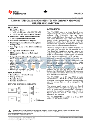 TPA2050D4 datasheet - 1.4 W/CH STEREO CLASS-D AUDIO SUBSYSTEM WITH DirectPath HEADPHONE AMPLIFIER AND 2:1 INPUT MUX