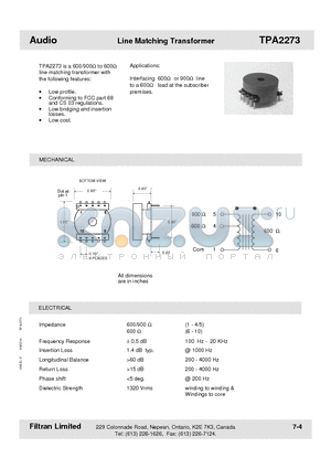 TPA2273 datasheet - Audio Line Matching Transformer