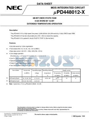 UPD448012GY-B10X-MJH datasheet - 8M-BIT CMOS STATIC RAM 512K-WORD BY 16-BIT EXTENDED TEMPERATURE OPERATION