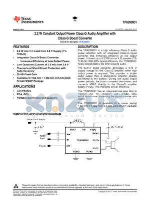 TPA2080D1YZGT datasheet - 2.2 W Constant Output Power Class-D Audio Amplifier with Class-G Boost Converter