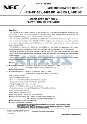 UPD4481161GF-A75 datasheet - 8M-BIT ZEROSB SRAM FLOW THROUGH OPERATION