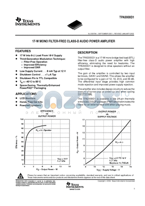 TPA3000D1PWP datasheet - 17-W MONO FILTER-FREE CLASS-D AUDIO POWER AMPLIFIER