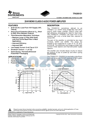 TPA3001D1PWPR datasheet - 20-W MONO CLASS-D AUDIO POWER AMPLIFIER