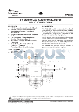 TPA3002D2 datasheet - 9-W STEREO CLASS-D AUDIO POWER AMPLIFIER WITH DC VOLUME CONTROL