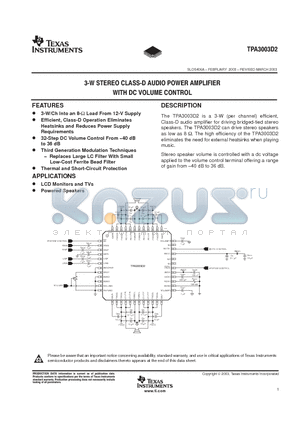 TPA3003D2 datasheet - 3-W STEREO CLASS-D AUDIO POWER AMPLIFIER WITH DC VOLUME CONTROL