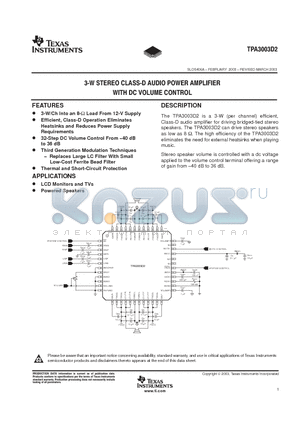 TPA3003D2PFBR datasheet - 3-Q STEREO CLASS-D AUDIO POWER AMPLIFIER WITH DC VOLUME CONTROL