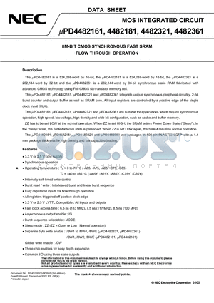 UPD4482161 datasheet - 8M-BIT CMOS SYNCHRONOUS FAST SRAM FLOW THROUGH OPERATION