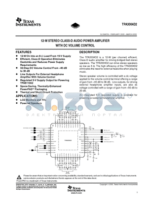 TPA3004 datasheet - 12-W STEREO CLASS-D AUDIO POWER AMPLIFIER WITH DC VOLUME CONTROL