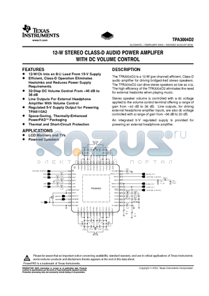 TPA3004D2 datasheet - 12-W STEREO CLASS-D AUDIO POWER AMPLIFIER WITH DC VOLUME CONTROL