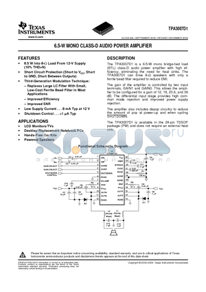 TPA3007D1 datasheet - 6.5-W MONO CLASS-D AUDIO POWER AMPLIFIER