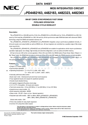 UPD4482163GF-A50Y datasheet - 8M-BIT CMOS SYNCHRONOUS FAST SRAM PIPELINED OPERATION DOUBLE CYCLE DESELECT