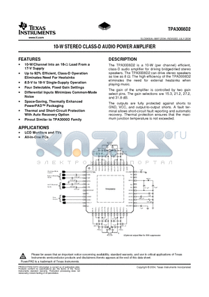 TPA3008D2 datasheet - 10-W STEREO CLASS-D AUDIO POWER AMPLIFIER