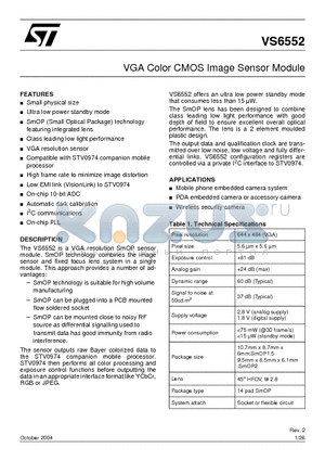 VS6552 datasheet - VGA Color CMOS Image Sensor Module