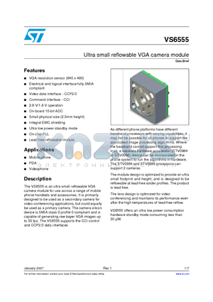 VS6555R0H9TR datasheet - Ultra small reflowable VGA camera module