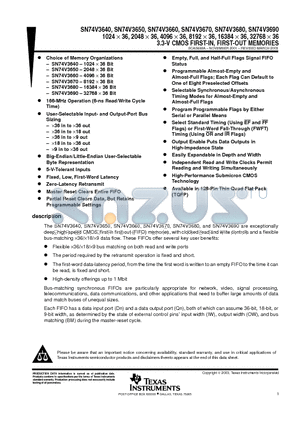 SN74V3650-15PEU datasheet - 1024  36, 2048  36, 4096  36, 8192  36, 16384  36, 32768  36 3.3-V CMOS FIRST-IN, FIRST-OUT MEMORIES