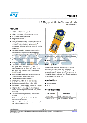 VS6624 datasheet - 1.3 Megapixel Mobile Camera Module