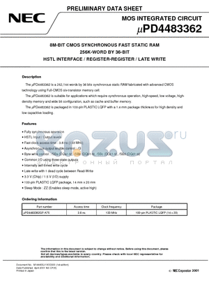 UPD4483362GF-A75 datasheet - 8M-BIT CMOS SYNCHRONOUS FAST STATIC RAM 256K-WORD BY 36-BIT HSTL INTERFACE / REGISTER-REGISTER / LATE WRITE