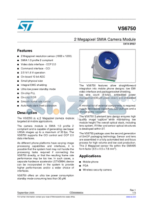 VS6750 datasheet - 2 Megapixel SMIA Camera Module