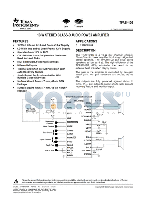 TPA3101D2 datasheet - 10-W STEREO CLASS-D AUDIO POWER AMPLIFIER