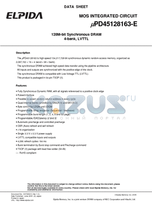 UPD45128163-E datasheet - 128M-bit Synchronous DRAM 4-bank, LVTTL