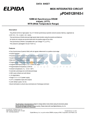 UPD45128163-I datasheet - 128M-bit Synchronous DRAM 4-bank, LVTTL WTR (Wide Temperature Range)