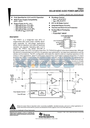 TPA311 datasheet - 350-mW MONO AUDIO POWER AMPLIFIER