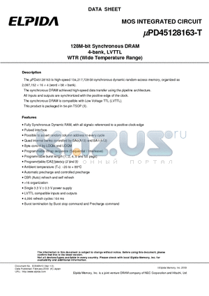 UPD45128163-T datasheet - 128M-bit Synchronous DRAM 4-bank, LVTTL WTR (Wide Temperature Range)