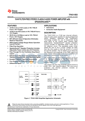 TPA3110D2PWPR datasheet - 15-W FILTER-FREE STEREO CLASS-D AUDIO POWER AMPLIFIER with SPEAKERGUARD