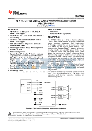 TPA3110D2PWPR datasheet - 15-W FILTER-FREE STEREO CLASS-D AUDIO POWER AMPLIFIER with SPEAKERGUARD