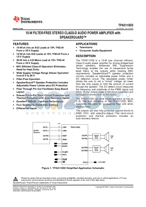 TPA3110D2 datasheet - 15-W FILTER-FREE STEREO CLASS-D AUDIO POWER AMPLIFIER with SPEAKERGUARD