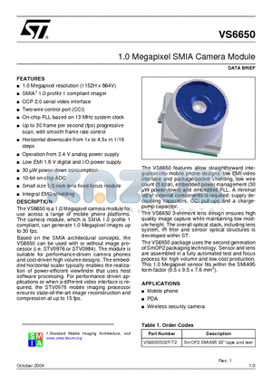 VS6650S02F/T2 datasheet - 1.0 Megapixel SMIA Camera Module