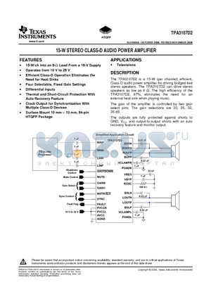 TPA3107D2_07 datasheet - 15-W STEREO CLASS-D AUDIO POWER AMPLIFIER