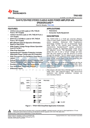 TPA3110D2 datasheet - 15-W FILTER-FREE STEREO CLASS-D AUDIO POWER AMPLIFIER with SPEAKERGUARD