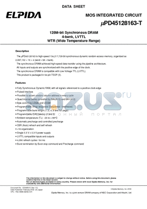 UPD45128163G5-A10LT-9JF datasheet - 128M-bit Synchronous DRAM 4-bank, LVTTL WTR (Wide Temperature Range)