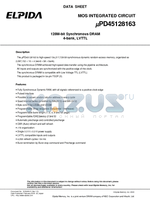 UPD45128163G5-A80L-9JF datasheet - 128M-bit Synchronous DRAM 4-bank, LVTTL