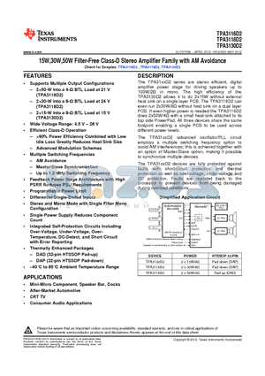 TPA3118D2 datasheet - 15W,30W,50W Filter-Free Class-D Stereo Amplifier Family with AM Avoidance