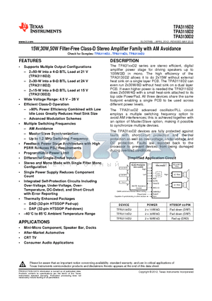 TPA3116D2 datasheet - 15W,30W,50W Filter-Free Class-D Stereo Amplifier Family with AM Avoidance