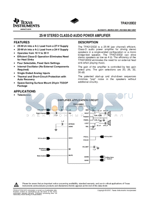 TPA3120D2 datasheet - 25-W STEREO CLASS-D AUDIO POWER AMPLIFIER