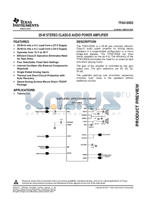 TPA3120D2PWP datasheet - 25-W STEREO CLASS-D AUDIO POWER AMPLIFIER