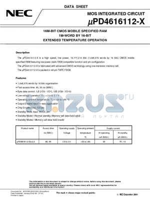 UPD4616112F9-B95LX-BC2 datasheet - 16M-BIT CMOS MOBILE SPECIFIED RAM 1M-WORD BY 16-BIT EXTENDED TEMPERATURE OPERATION