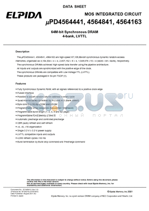 UPD4564163G5 datasheet - 64M-bit Synchronous DRAM 4-bank, LVTTL