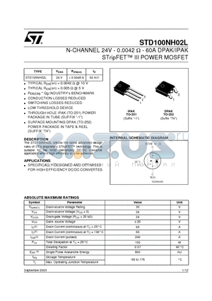 STD100NH02L-1 datasheet - N-channel 24V - 0.0042 - 60A - DPAK - IPAK STripFET II Power MOSFET