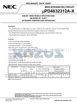 UPD4632312AF9-BE75X-BC2 datasheet - 32M-BIT CMOS MOBILE SPECIFIED RAM 2M-WORD BY 16-BIT EXTENDED TEMPERATURE OPERATION