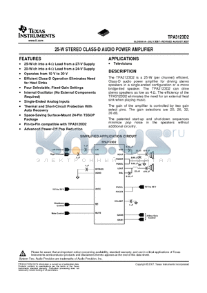 TPA3123D2 datasheet - 25-W STEREO CLASS-D AUDIO POWER AMPLIFIER