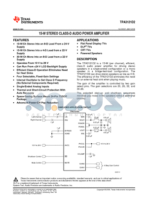 TPA3121D2 datasheet - 15-W STEREO CLASS-D AUDIO POWER AMPLIFIER
