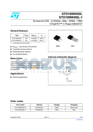 STD100NH02LT4 datasheet - N-channel 24V - 0.0042ohm - 60A - DPAK - IPAK STripFET TM II Power MOSFET